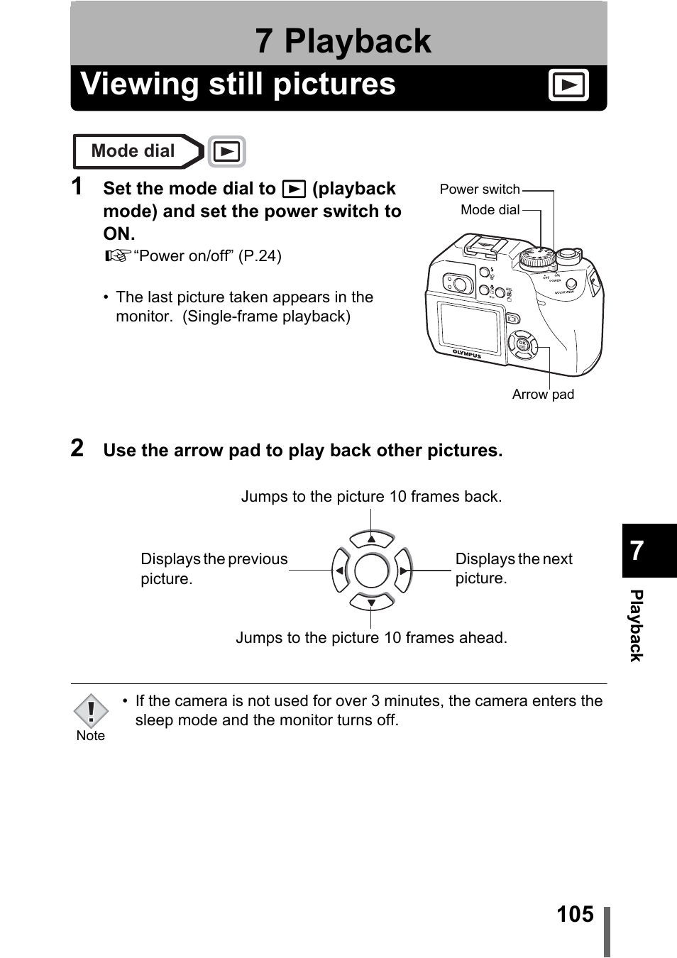 7 playback, Viewing still pictures, P.105 | Playback | Olympus C-5000 Zoom User Manual | Page 106 / 215