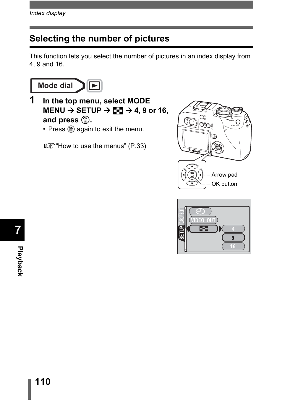 Selecting the number of pictures, P.110 | Olympus C-5000 Zoom User Manual | Page 111 / 215