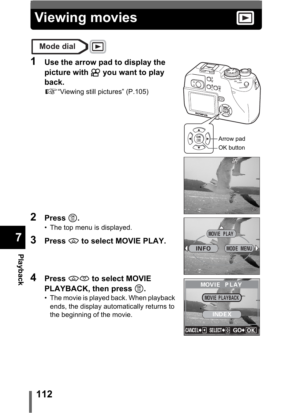 Viewing movies, P.112 | Olympus C-5000 Zoom User Manual | Page 113 / 215