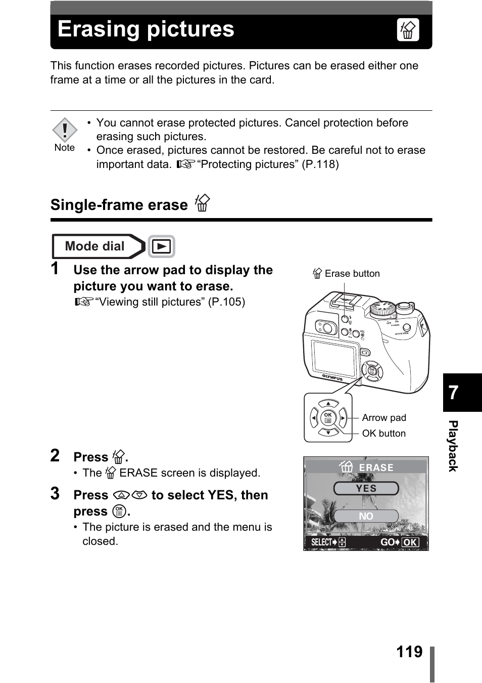 Erasing pictures, Single-frame erase, P.119 | Olympus C-5000 Zoom User Manual | Page 120 / 215