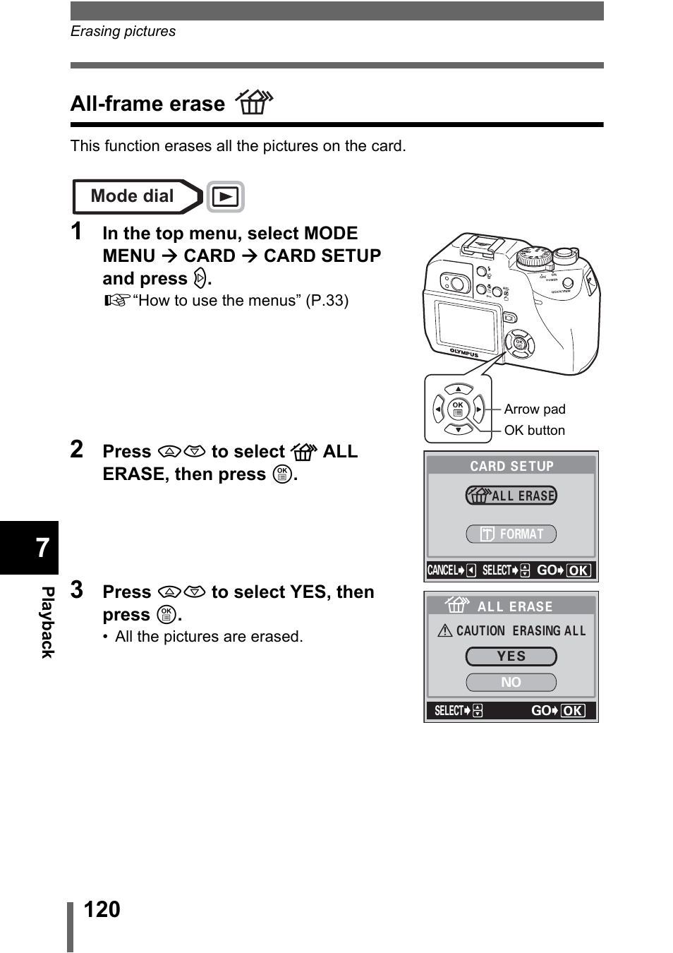 All-frame erase, P.120 | Olympus C-5000 Zoom User Manual | Page 121 / 215