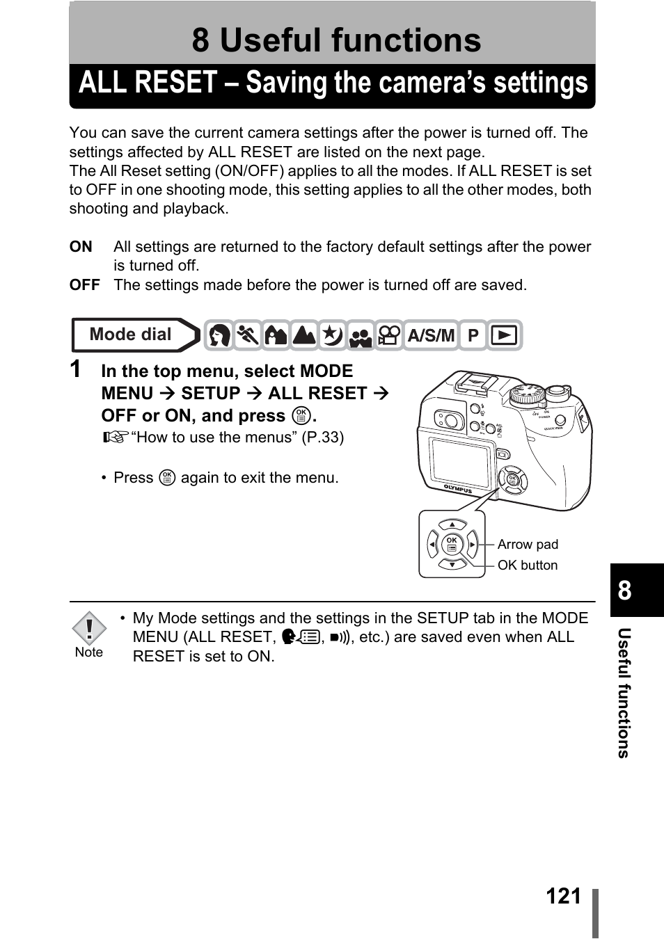 8 useful functions, All reset – saving the camera’s settings, Useful functions | P.121 | Olympus C-5000 Zoom User Manual | Page 122 / 215