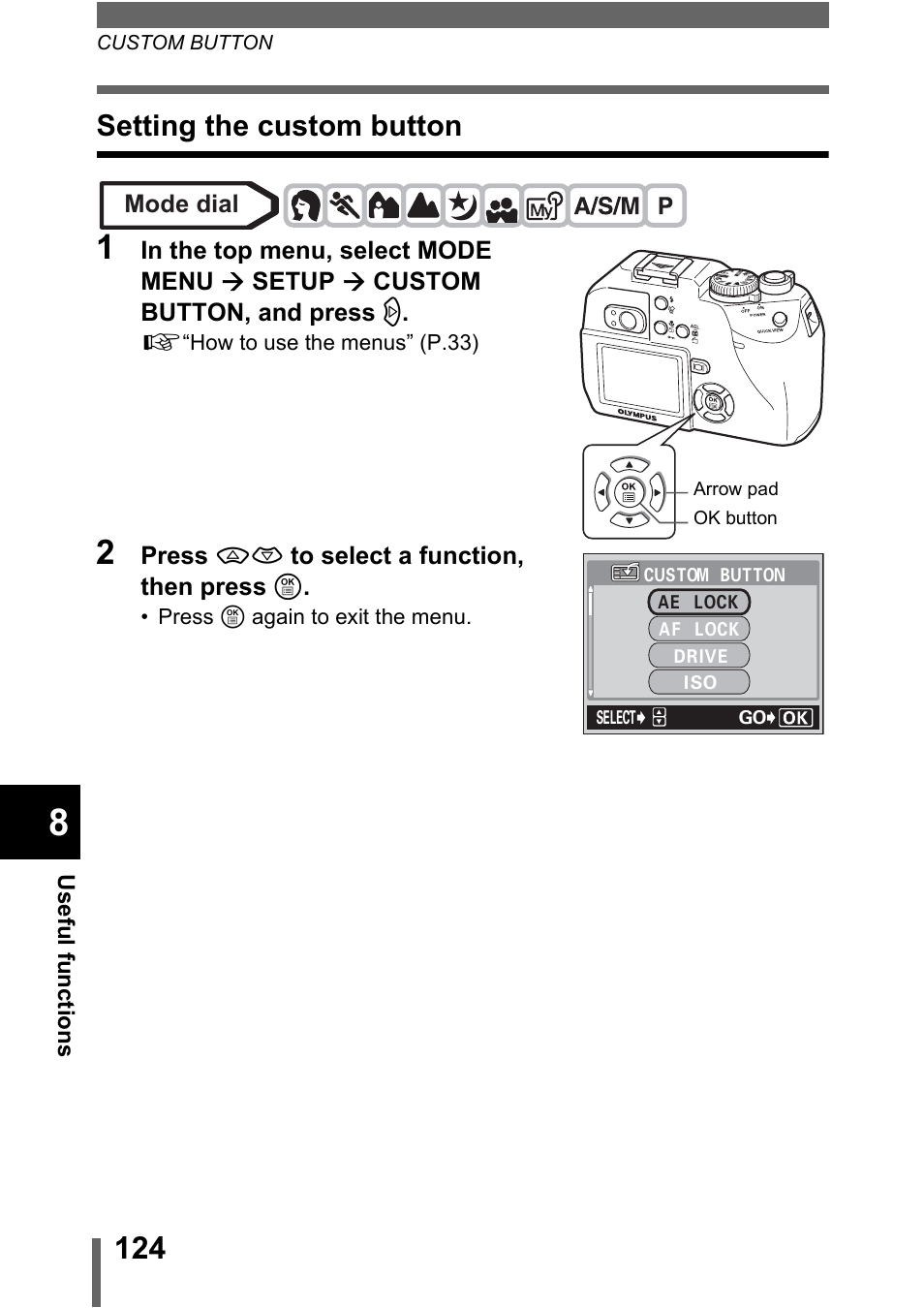 Setting the custom button | Olympus C-5000 Zoom User Manual | Page 125 / 215