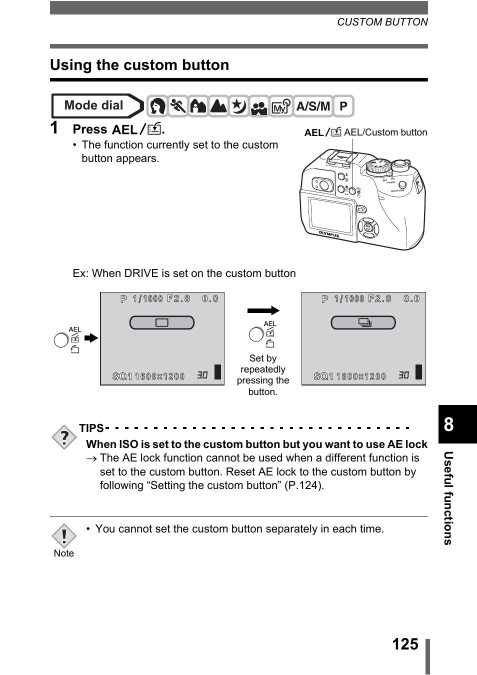 Using the custom button | Olympus C-5000 Zoom User Manual | Page 126 / 215