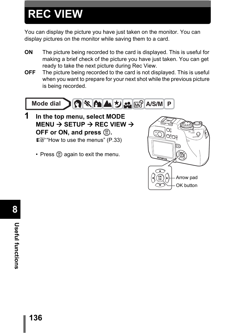 Rec view, P.136, Rec view” (p.136) | Olympus C-5000 Zoom User Manual | Page 137 / 215