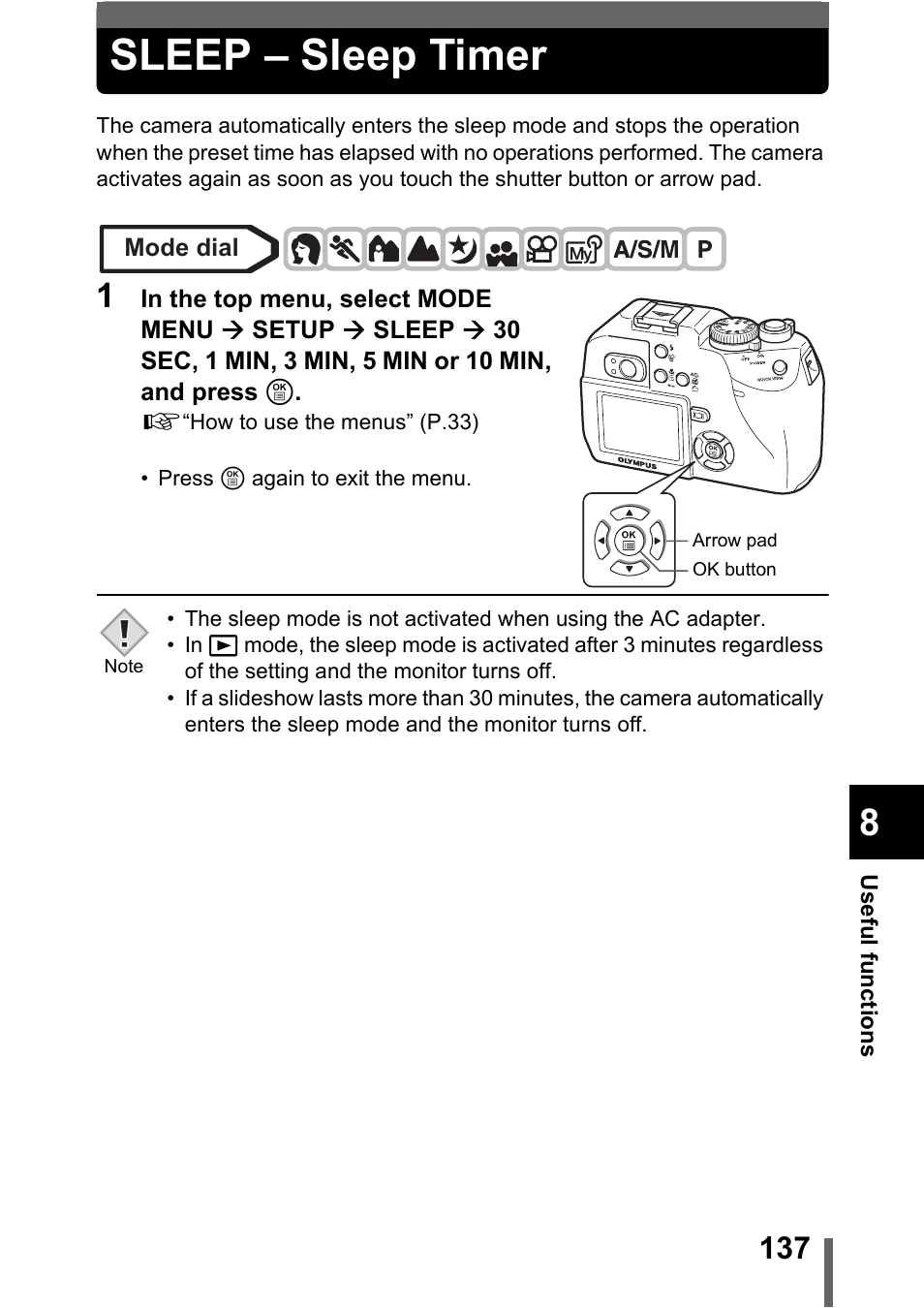 Sleep – sleep timer, P.137, G“sleep – sleep timer” (p.137) | Olympus C-5000 Zoom User Manual | Page 138 / 215