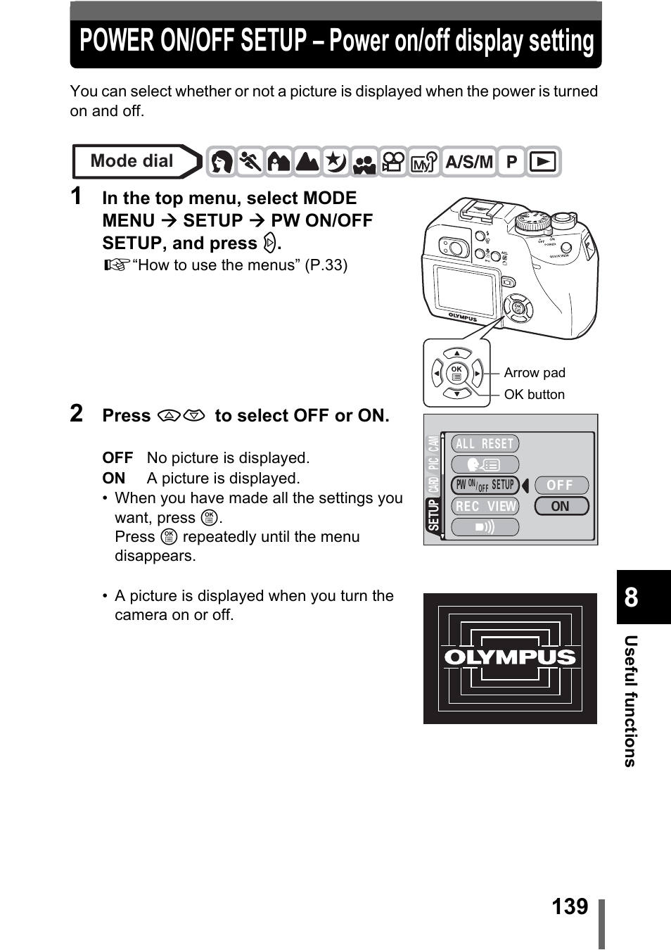 Power on/off setup – power on/off display setting, P.139 | Olympus C-5000 Zoom User Manual | Page 140 / 215