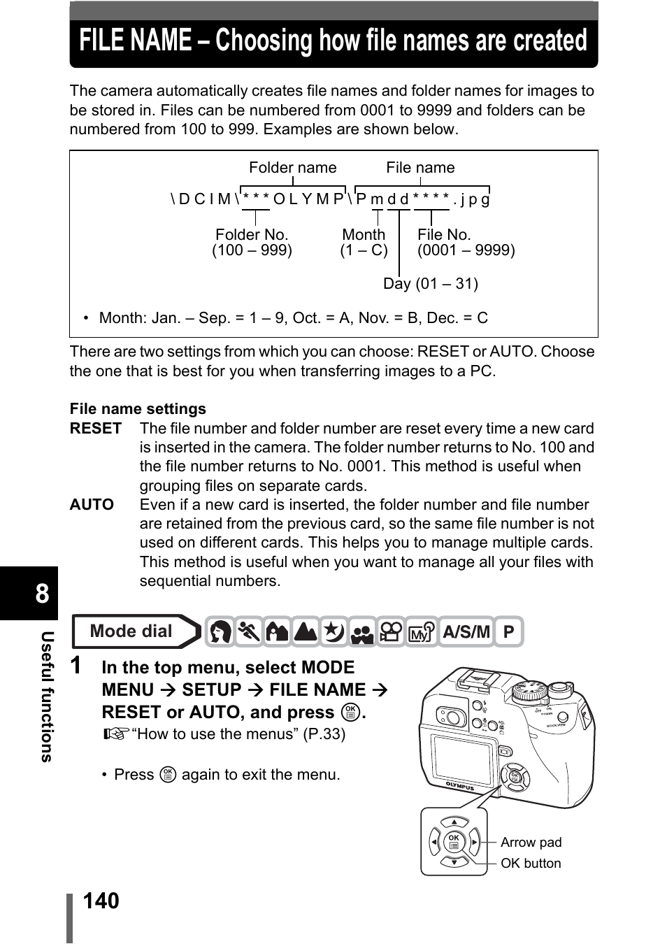 File name – choosing how file names are created, P.140 | Olympus C-5000 Zoom User Manual | Page 141 / 215