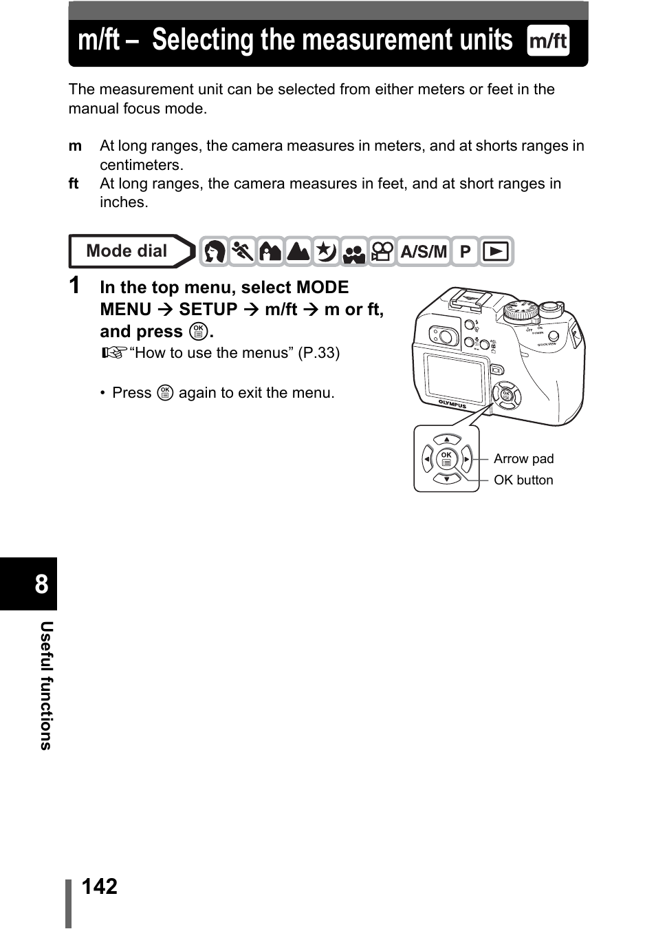 M/ft – selecting the measurement units, P.142 | Olympus C-5000 Zoom User Manual | Page 143 / 215