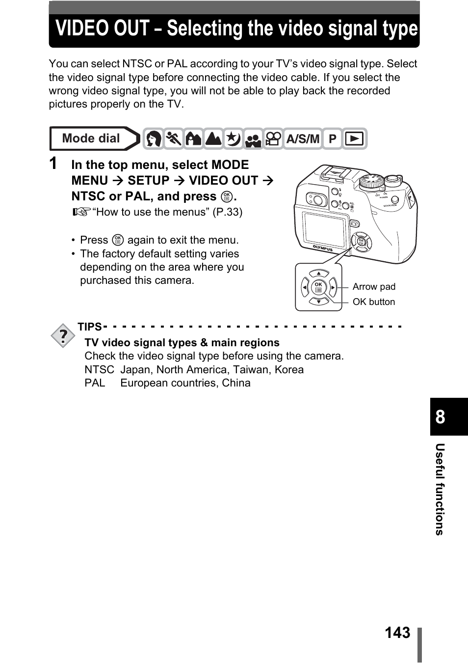 Video out – selecting the video signal type, P.143 | Olympus C-5000 Zoom User Manual | Page 144 / 215