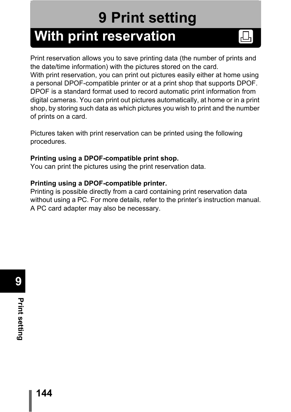 9 print setting, With print reservation, Print setting | P.144 | Olympus C-5000 Zoom User Manual | Page 145 / 215