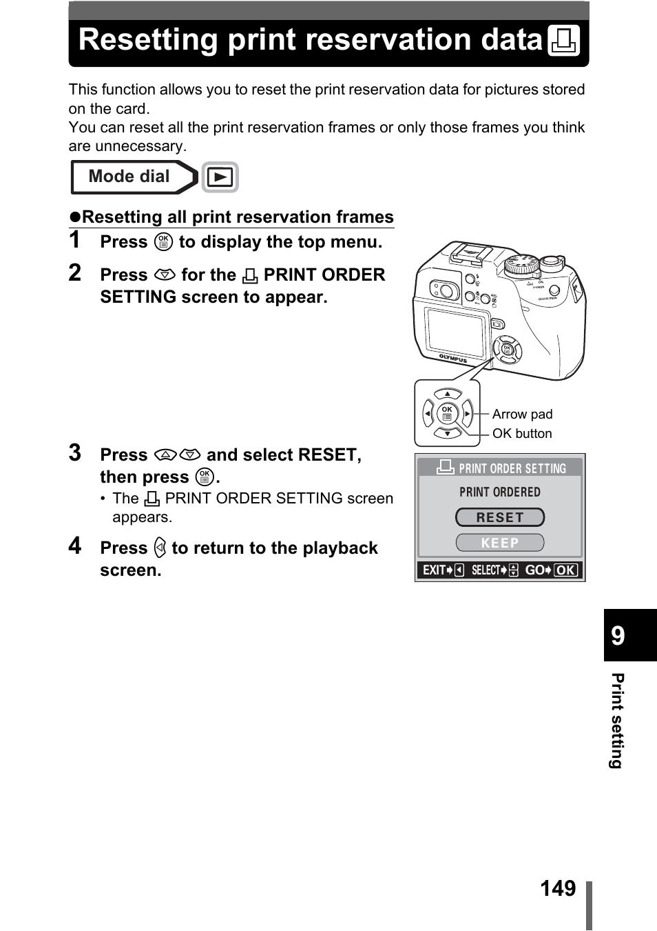 Resetting print reservation data | Olympus C-5000 Zoom User Manual | Page 150 / 215
