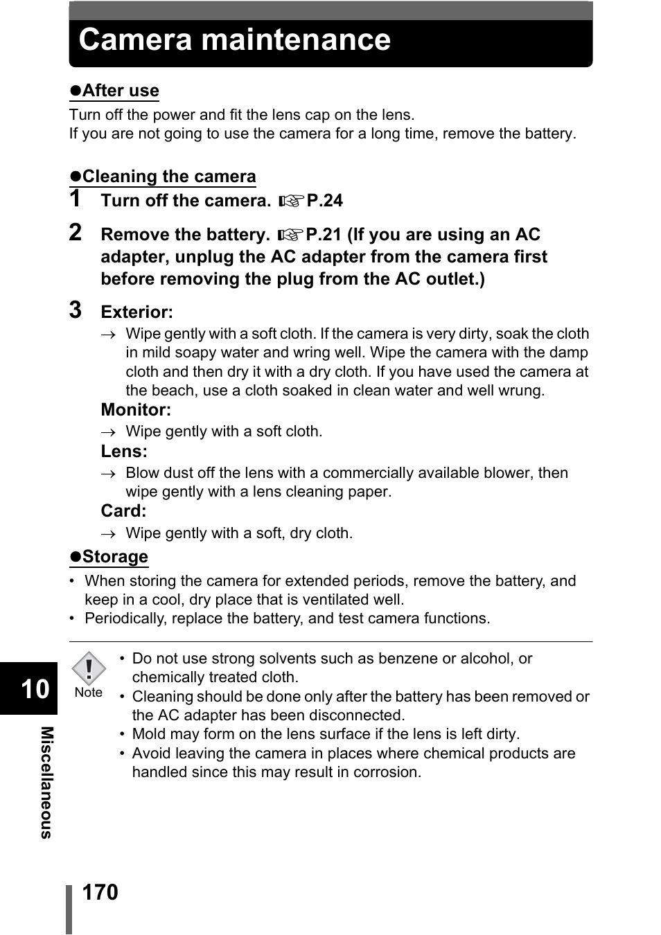 Camera maintenance, P.170 | Olympus C-5000 Zoom User Manual | Page 171 / 215