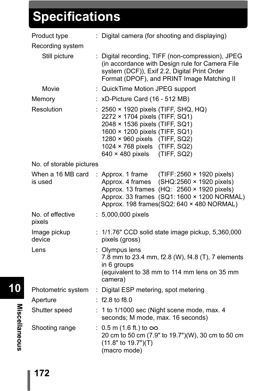 Specifications, P.172 | Olympus C-5000 Zoom User Manual | Page 173 / 215