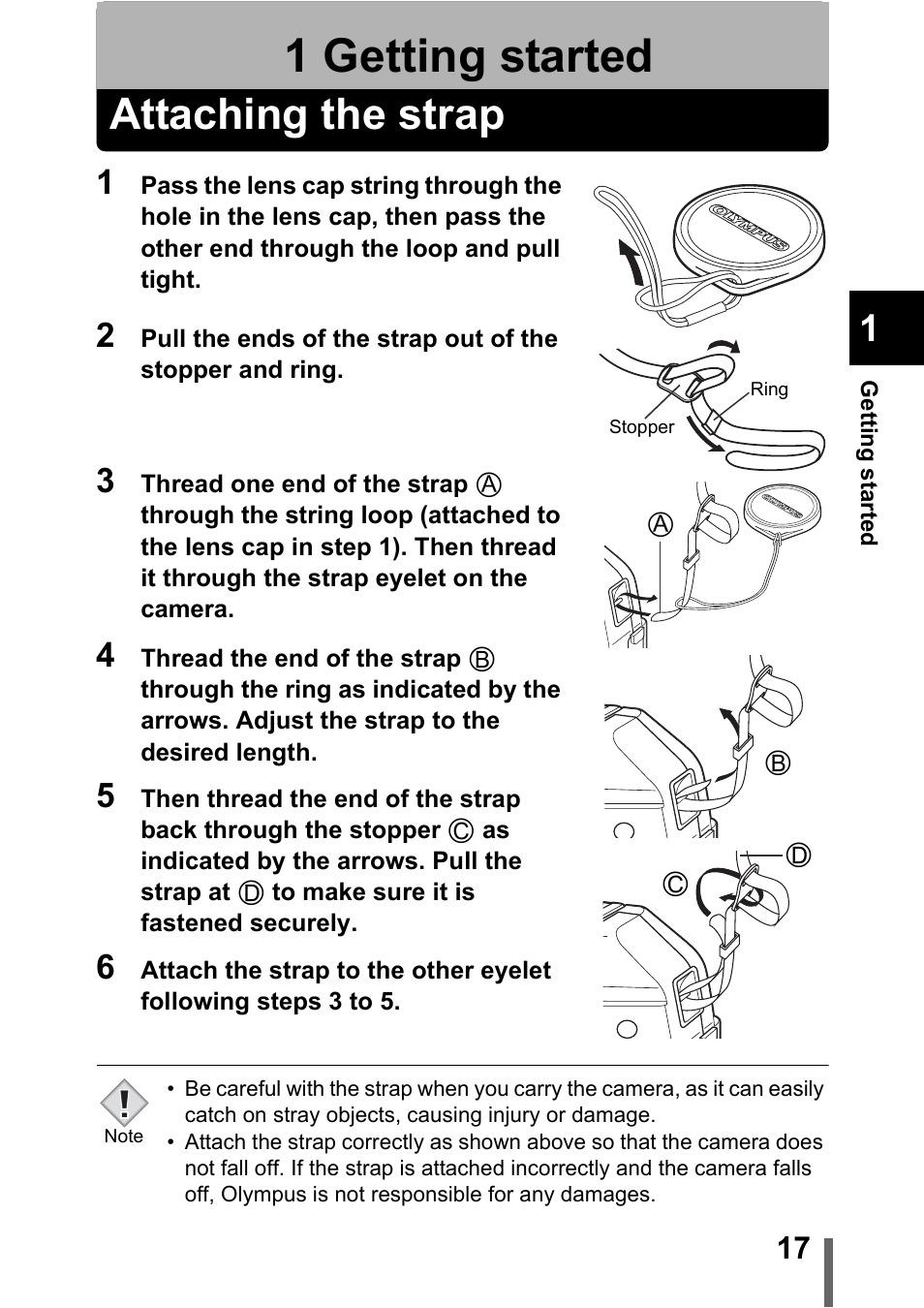 1 getting started, Attaching the strap, Getting started | P.17 | Olympus C-5000 Zoom User Manual | Page 18 / 215