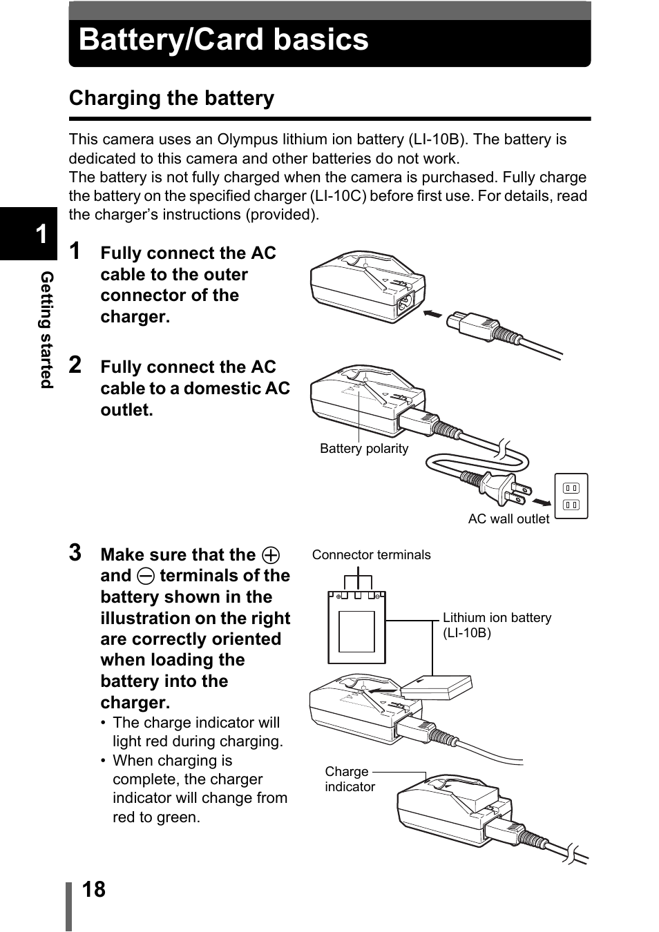 Battery/card basics, Charging the battery | Olympus C-5000 Zoom User Manual | Page 19 / 215