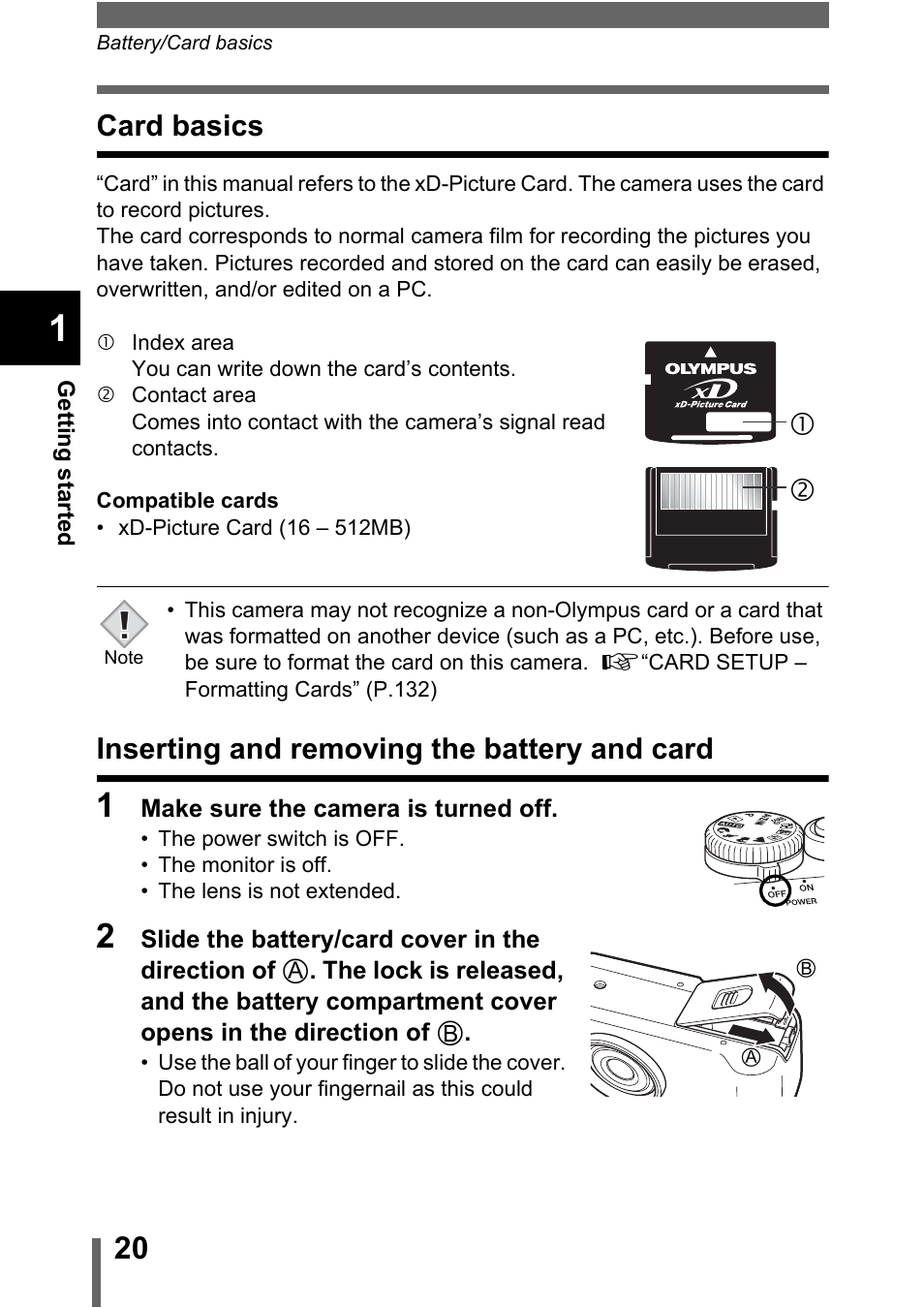 Card basics, Inserting and removing the battery and card, P.20 | Olympus C-5000 Zoom User Manual | Page 21 / 215