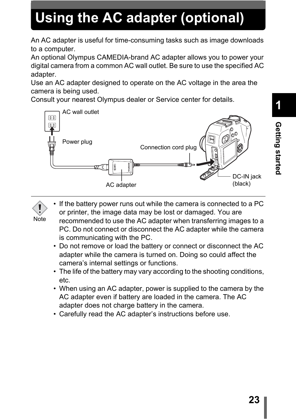 Using the ac adapter (optional), P.23 | Olympus C-5000 Zoom User Manual | Page 24 / 215