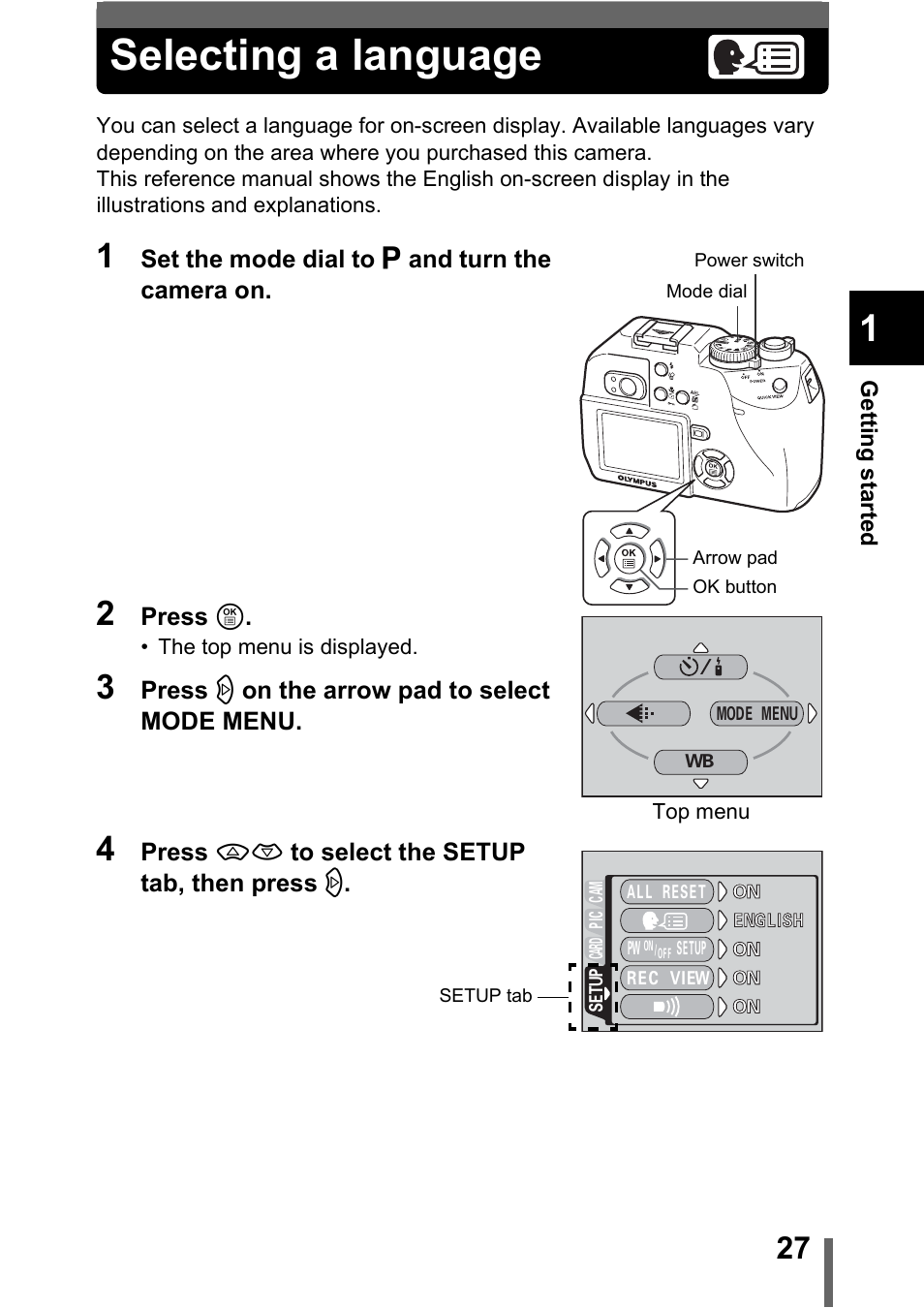 Selecting a language | Olympus C-5000 Zoom User Manual | Page 28 / 215