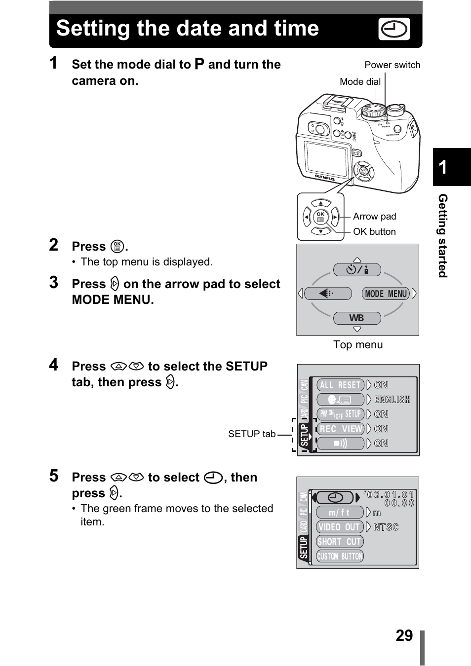 Setting the date and time, P.29 | Olympus C-5000 Zoom User Manual | Page 30 / 215