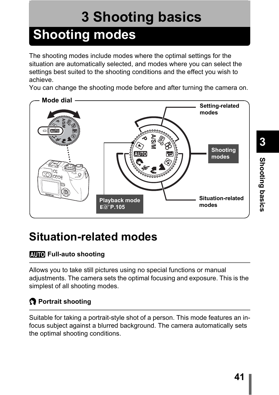 3 shooting basics, Shooting modes, Shooting basics | P.41, Situation-related modes | Olympus C-5000 Zoom User Manual | Page 42 / 215