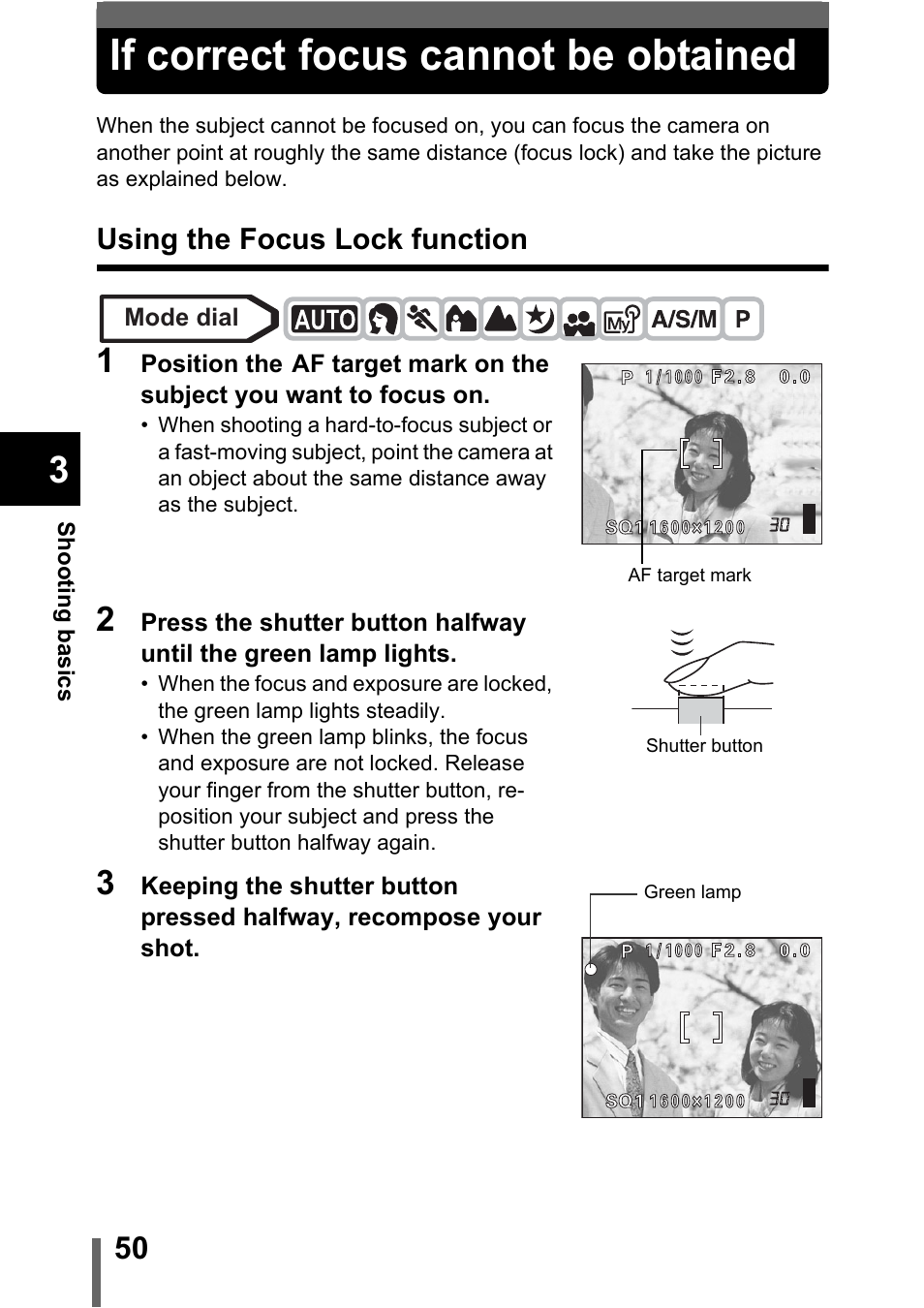 If correct focus cannot be obtained, Using the focus lock function, If correct focus cannot be obtained” (p.50) | Olympus C-5000 Zoom User Manual | Page 51 / 215