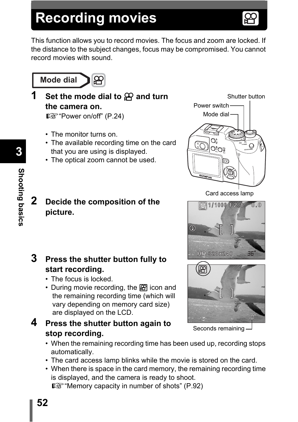 Recording movies, Recording movies” (p.52) | Olympus C-5000 Zoom User Manual | Page 53 / 215