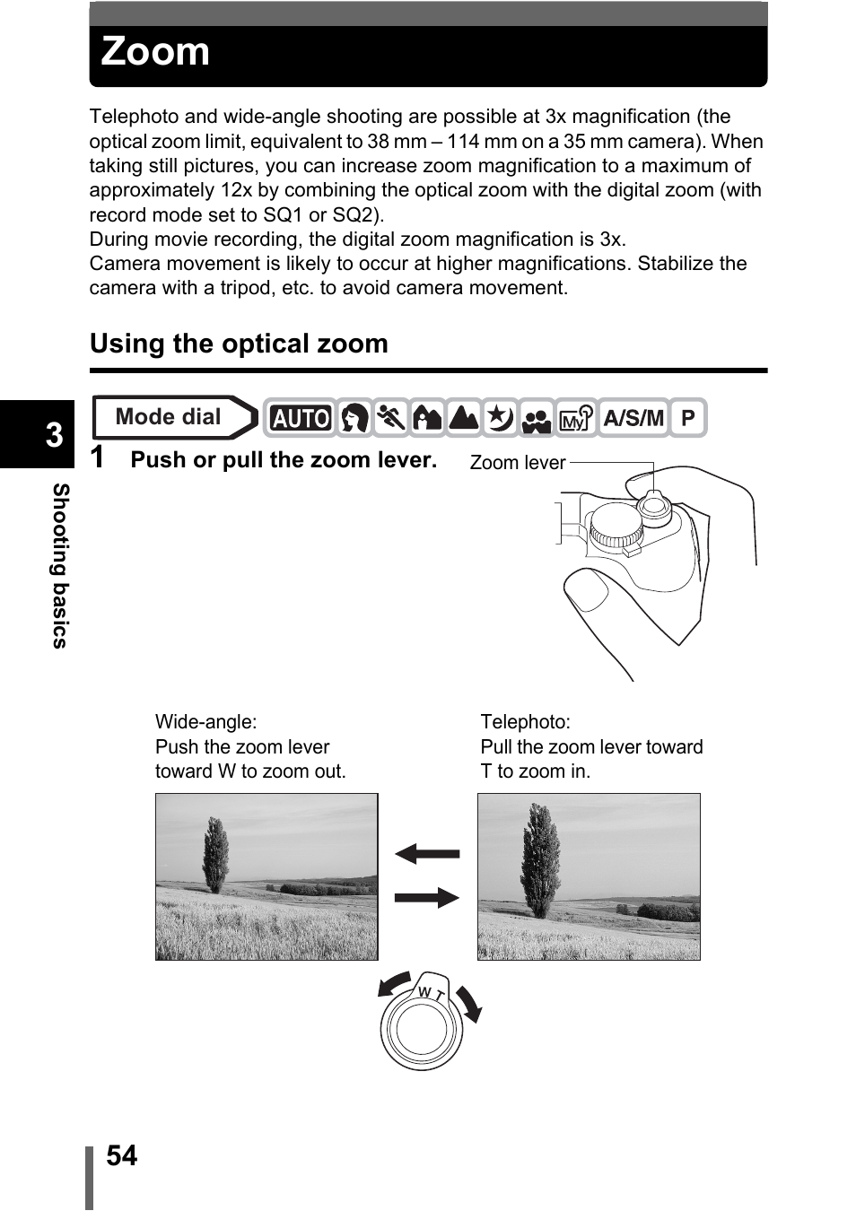 Zoom, Using the optical zoom, P.54 | Olympus C-5000 Zoom User Manual | Page 55 / 215