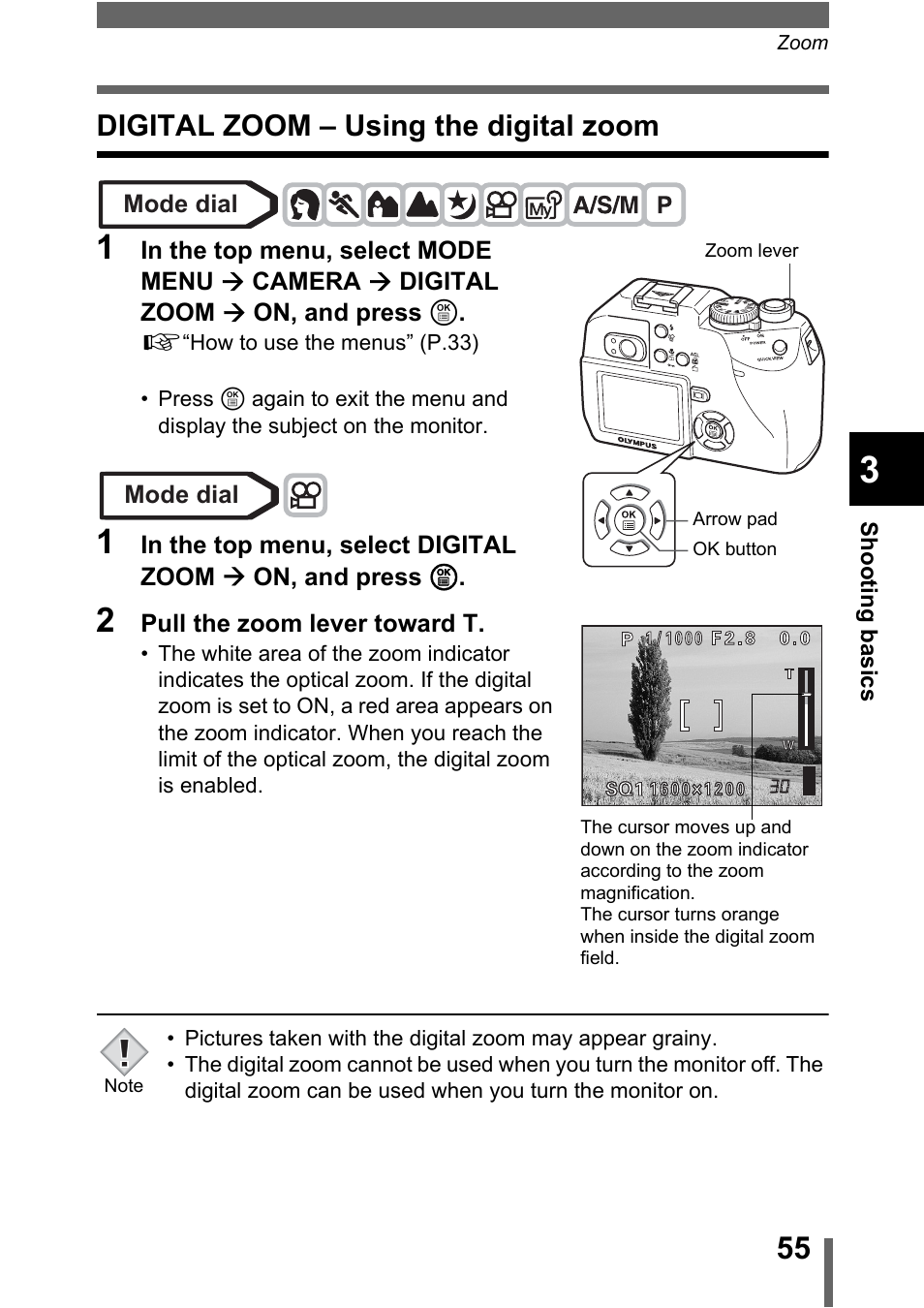 Digital zoom – using the digital zoom, P.55, Digital zoom – using the digital zoom” (p.55) | Olympus C-5000 Zoom User Manual | Page 56 / 215