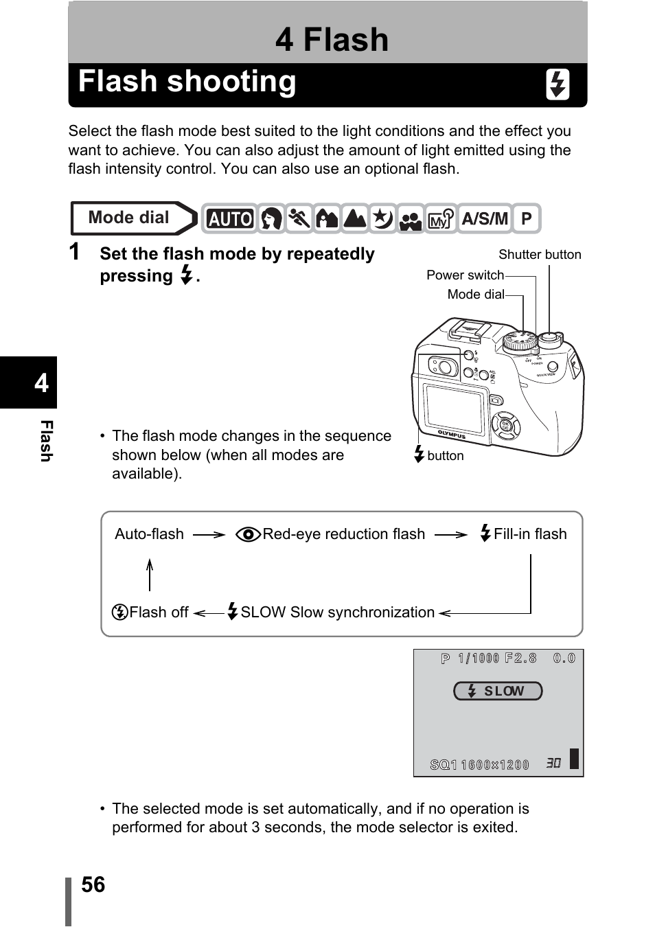 4 flash, Flash shooting, Flash | P.56 | Olympus C-5000 Zoom User Manual | Page 57 / 215