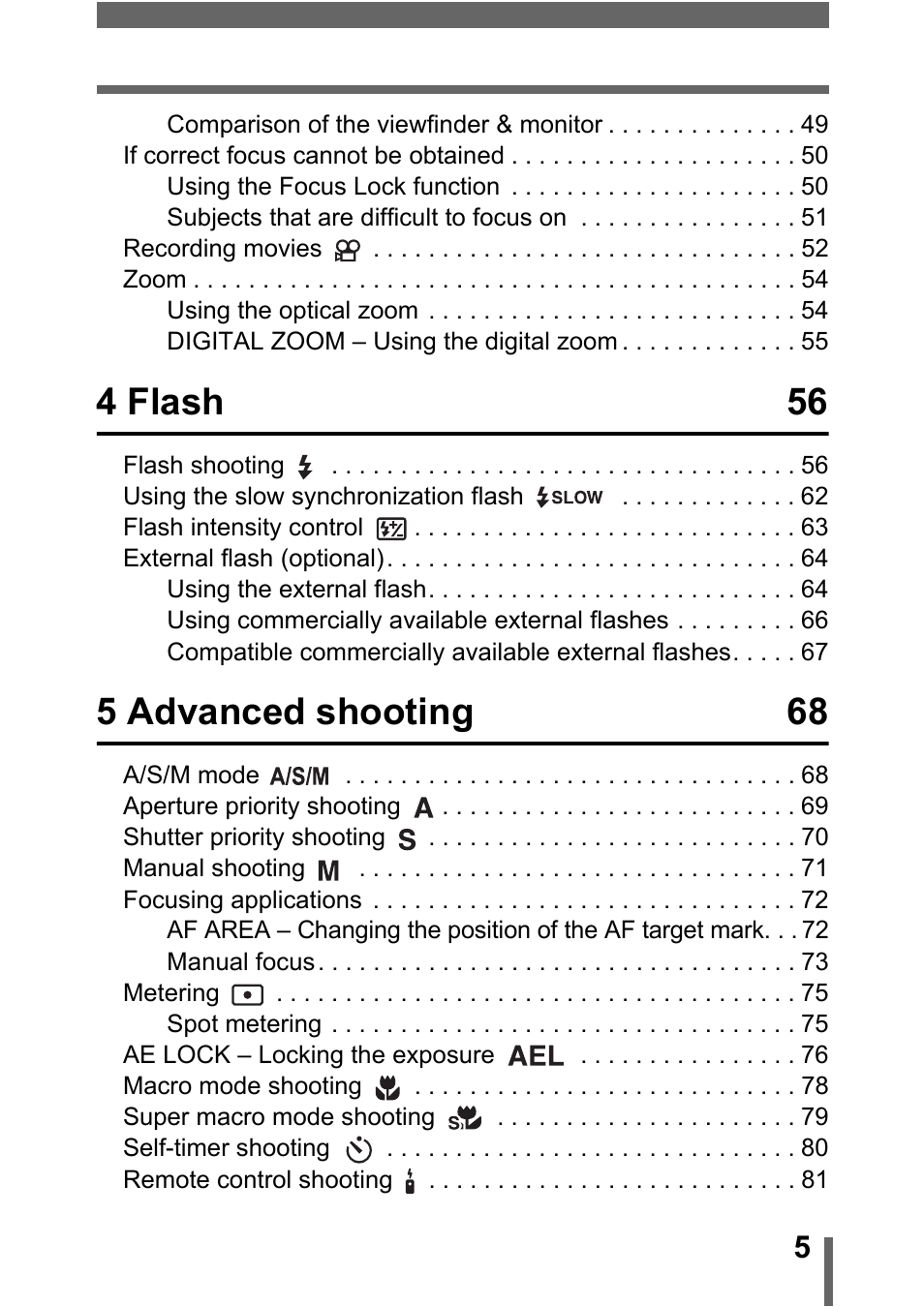 4 flash 56, 5 advanced shooting 68 | Olympus C-5000 Zoom User Manual | Page 6 / 215