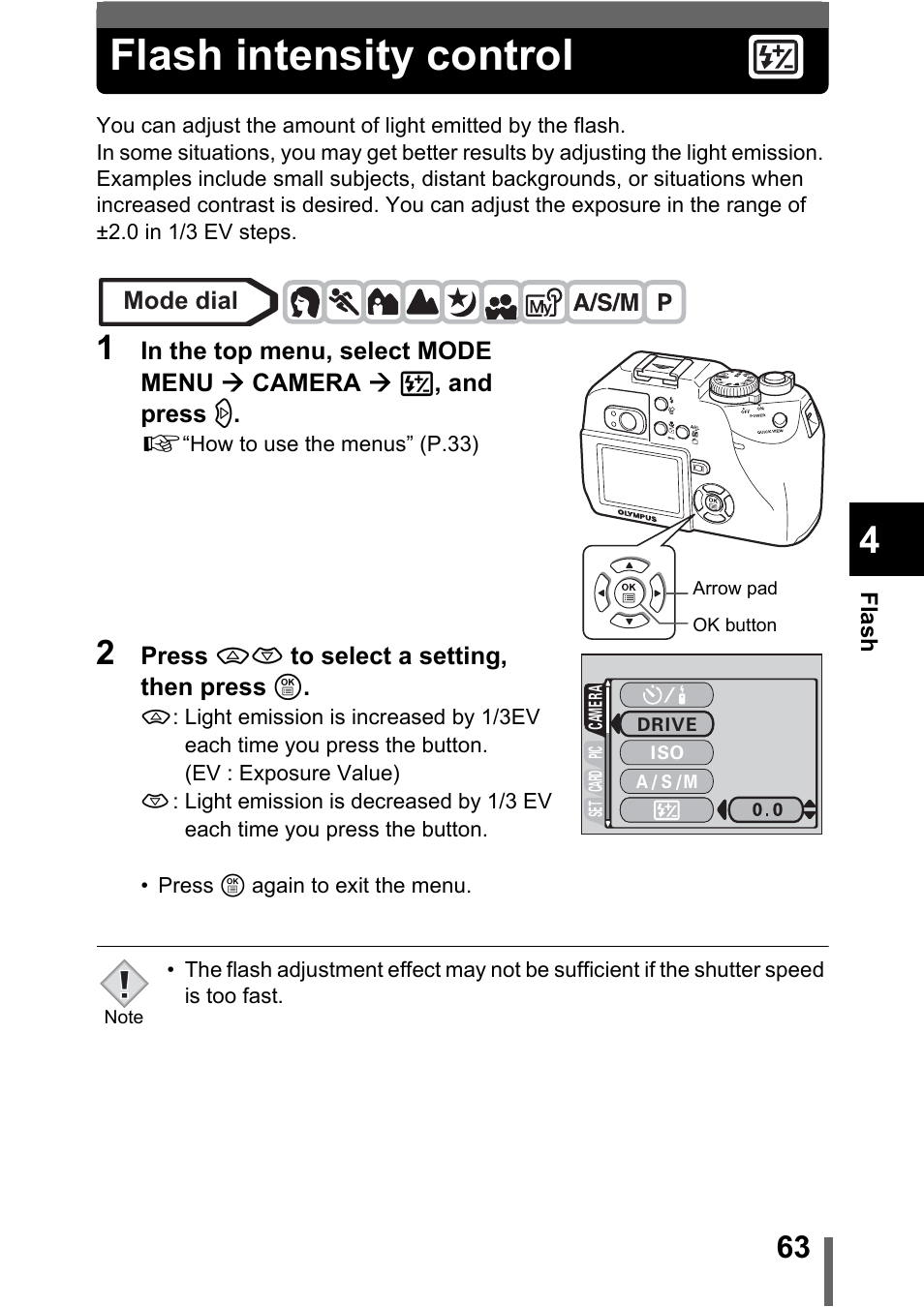 Flash intensity control, P.63 | Olympus C-5000 Zoom User Manual | Page 64 / 215