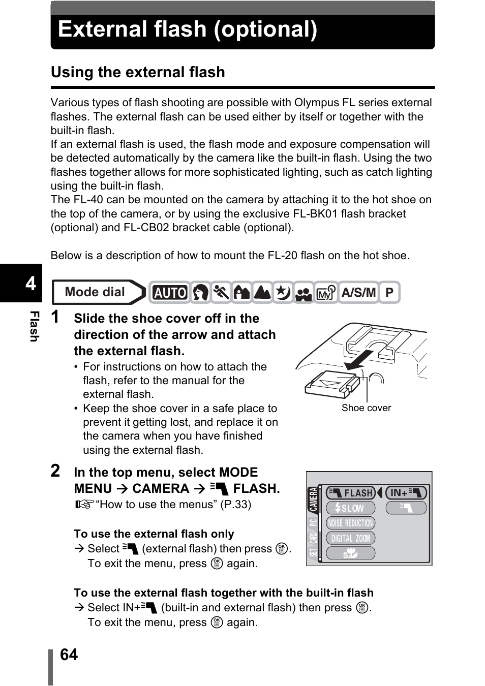 External flash (optional), Using the external flash, P.64 | Olympus C-5000 Zoom User Manual | Page 65 / 215