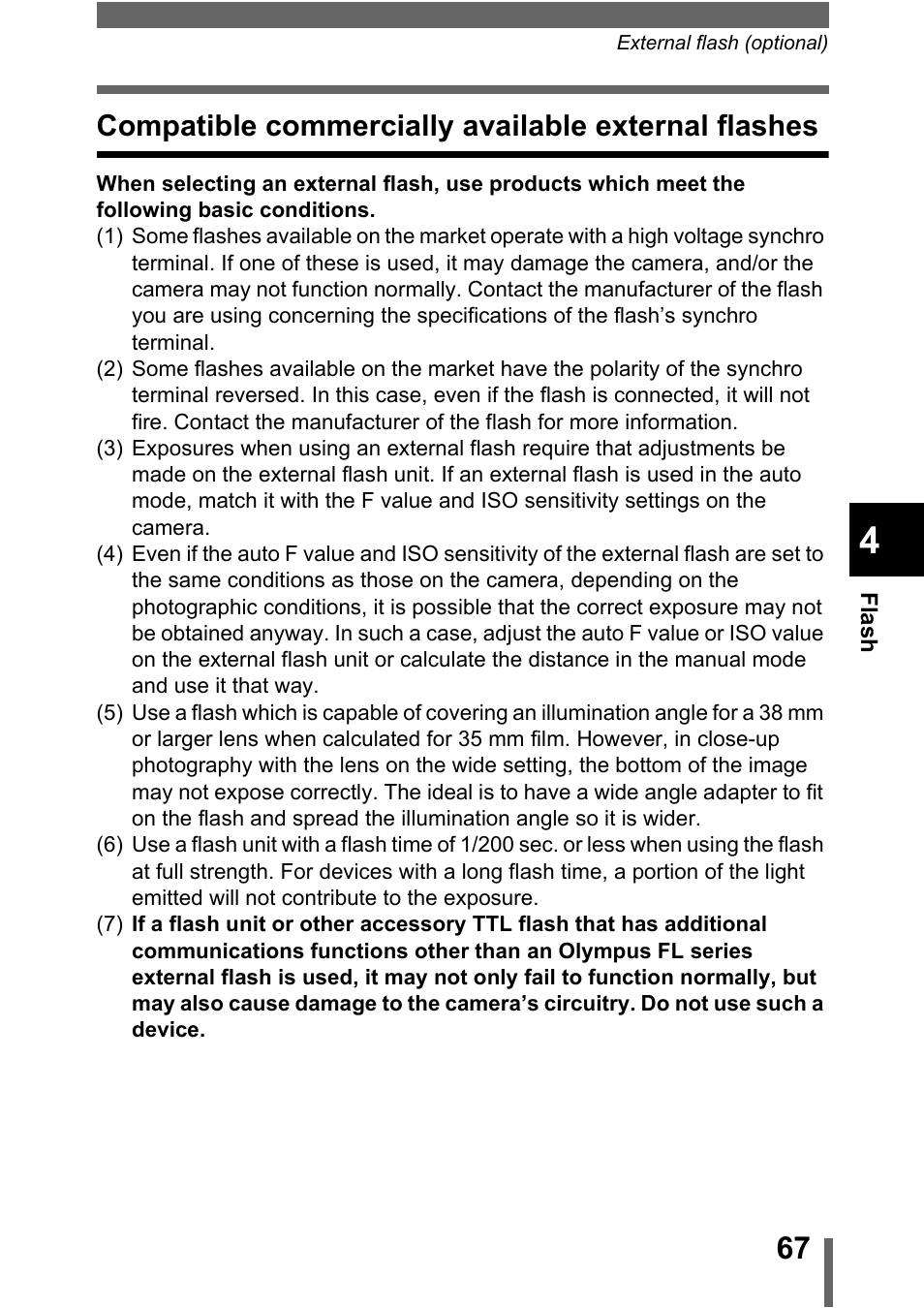 Compatible commercially available external flashes | Olympus C-5000 Zoom User Manual | Page 68 / 215