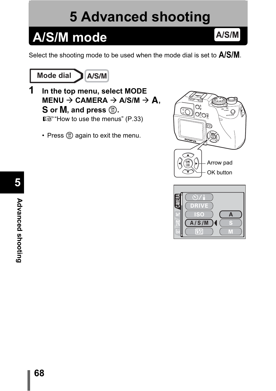 5 advanced shooting, A/s/m mode, Advanced shooting | P.68 | Olympus C-5000 Zoom User Manual | Page 69 / 215