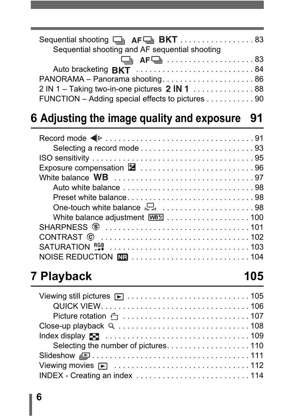 6 adjusting the image quality and exposure 91, 7 playback 105 | Olympus C-5000 Zoom User Manual | Page 7 / 215