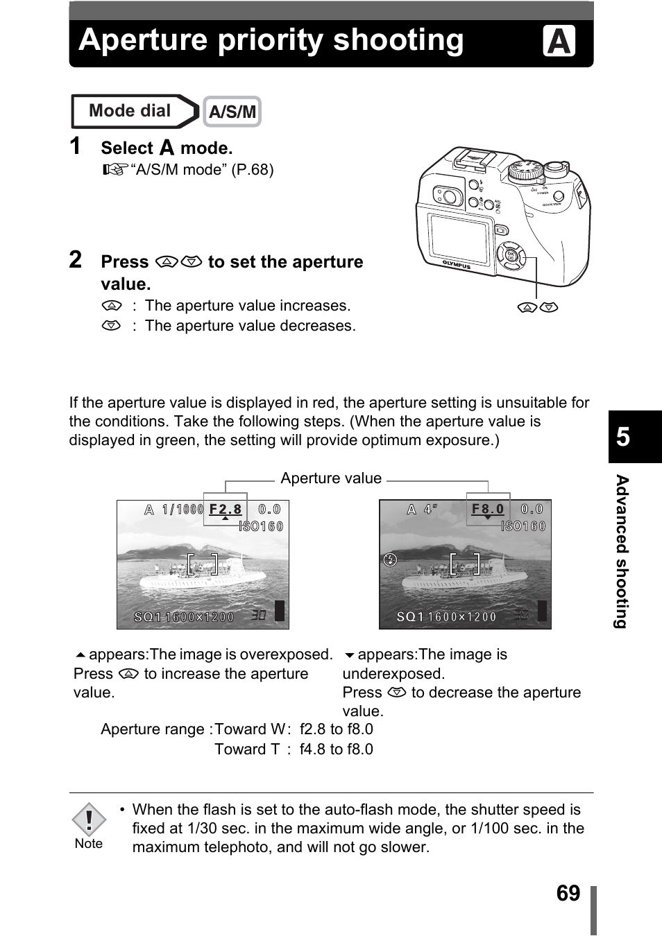 Aperture priority shooting, P.69 | Olympus C-5000 Zoom User Manual | Page 70 / 215