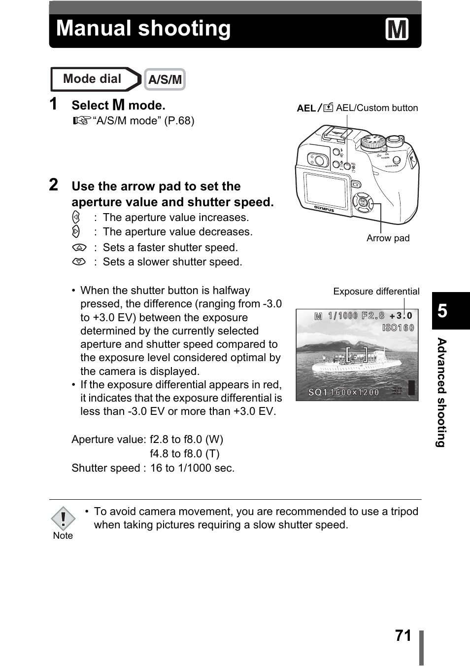 Manual shooting, P.71, Manual shooting” (p.71) | Olympus C-5000 Zoom User Manual | Page 72 / 215