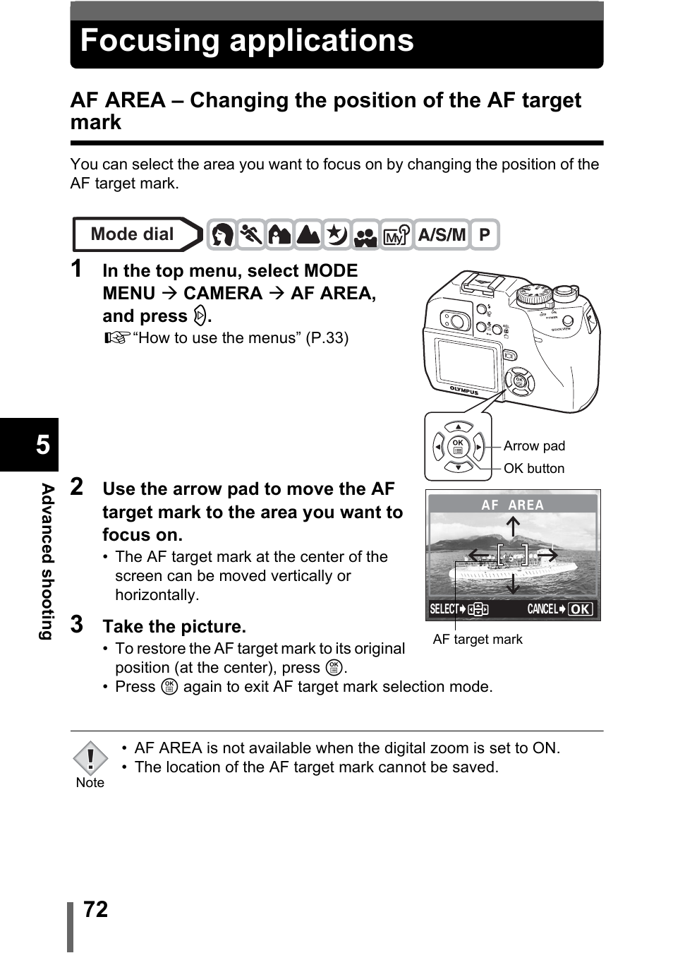 Focusing applications, P.72 | Olympus C-5000 Zoom User Manual | Page 73 / 215