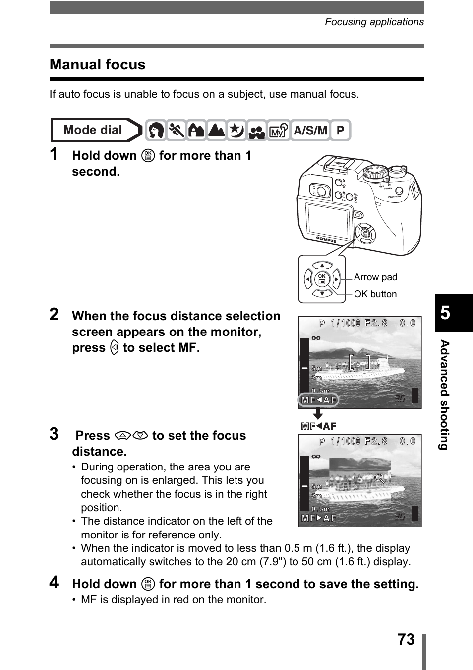 Manual focus, P.73 | Olympus C-5000 Zoom User Manual | Page 74 / 215