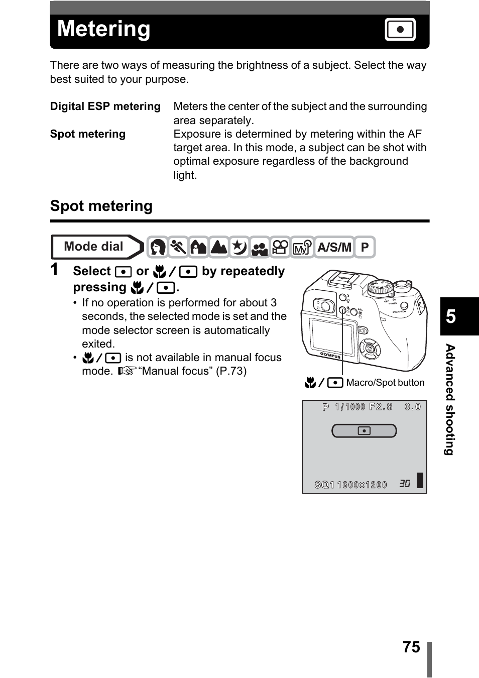 Metering, Spot metering, P.75 | Olympus C-5000 Zoom User Manual | Page 76 / 215
