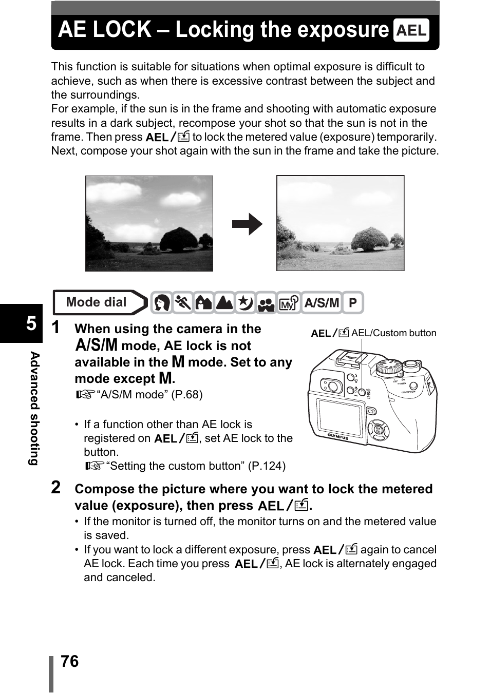 Ae lock – locking the exposure, P.76 | Olympus C-5000 Zoom User Manual | Page 77 / 215