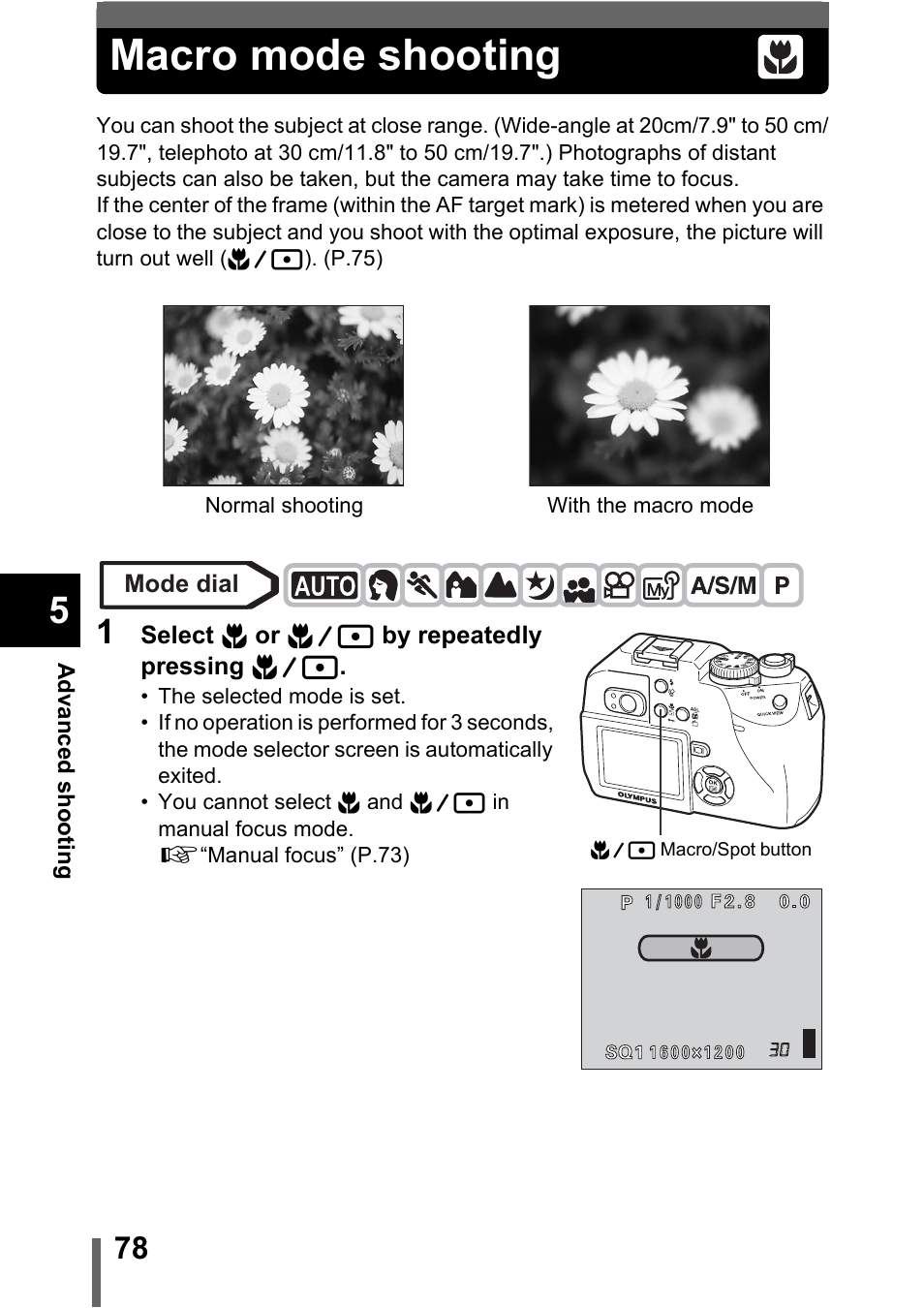 Macro mode shooting, P.78, P.78) | Olympus C-5000 Zoom User Manual | Page 79 / 215