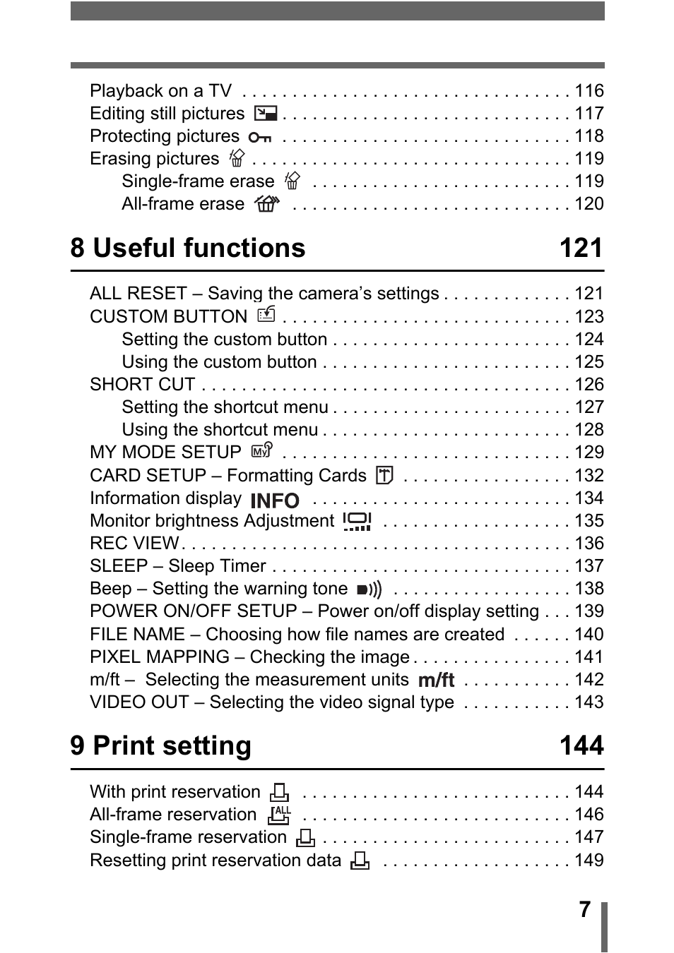 8 useful functions 121, 9 print setting 144 | Olympus C-5000 Zoom User Manual | Page 8 / 215