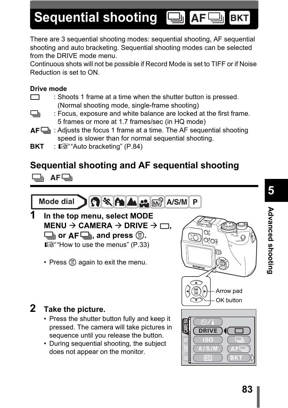 Sequential shooting, Sequential shooting and af sequential shooting, P.83 | Olympus C-5000 Zoom User Manual | Page 84 / 215