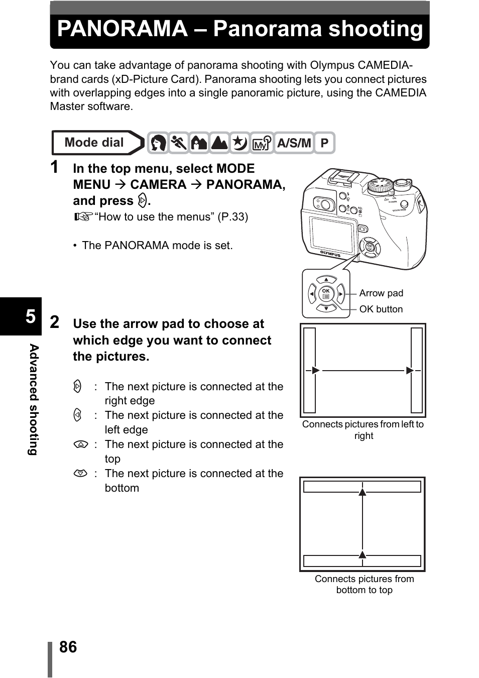 Panorama – panorama shooting, P.86 | Olympus C-5000 Zoom User Manual | Page 87 / 215