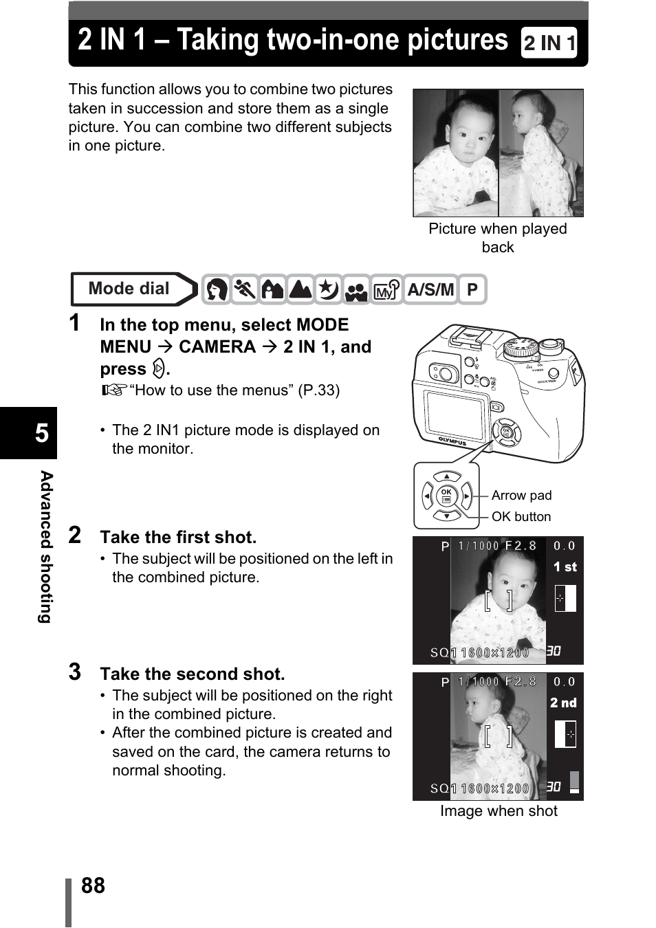 2 in 1 – taking two-in-one pictures, P.88 | Olympus C-5000 Zoom User Manual | Page 89 / 215