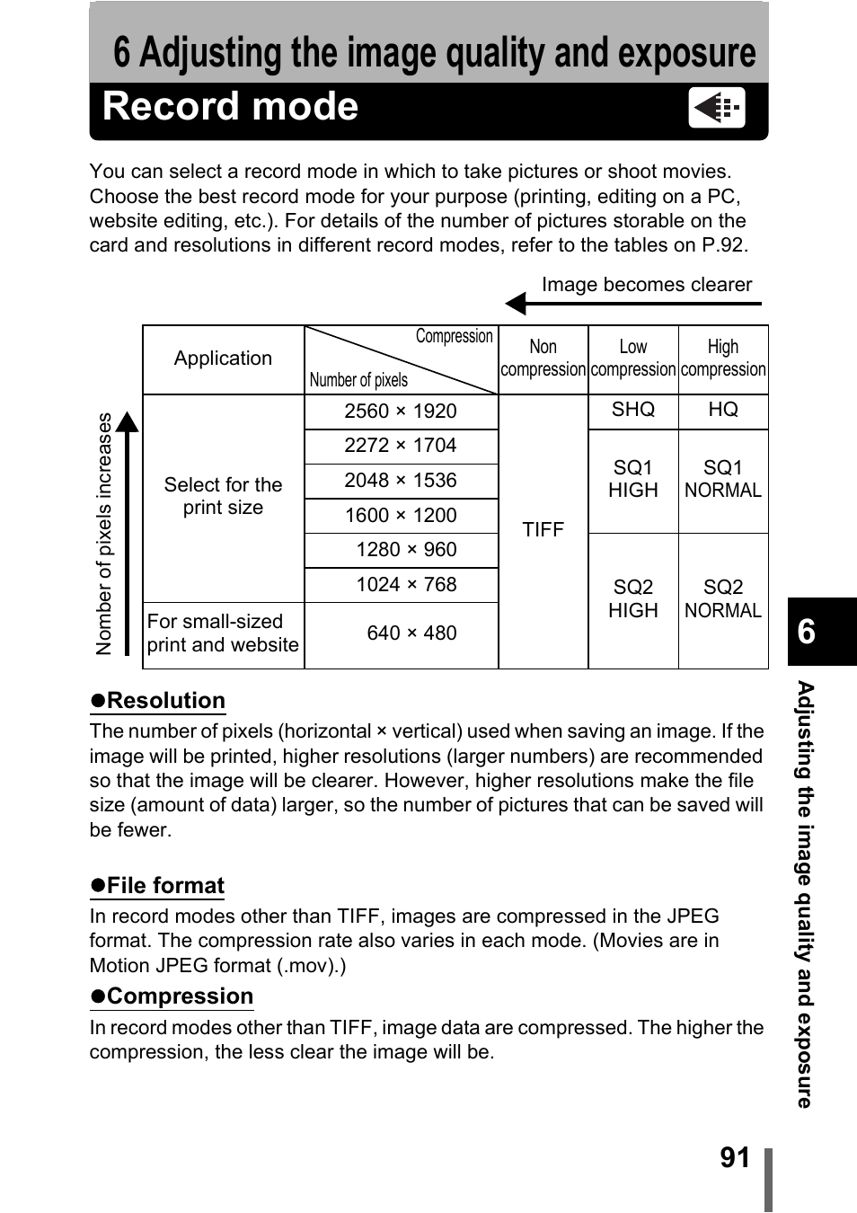 6 adjusting the image quality and exposure, Record mode, Adjusting the image quality and exposure | P.91, 6 adjusting the image quality and exposure 91 | Olympus C-5000 Zoom User Manual | Page 92 / 215