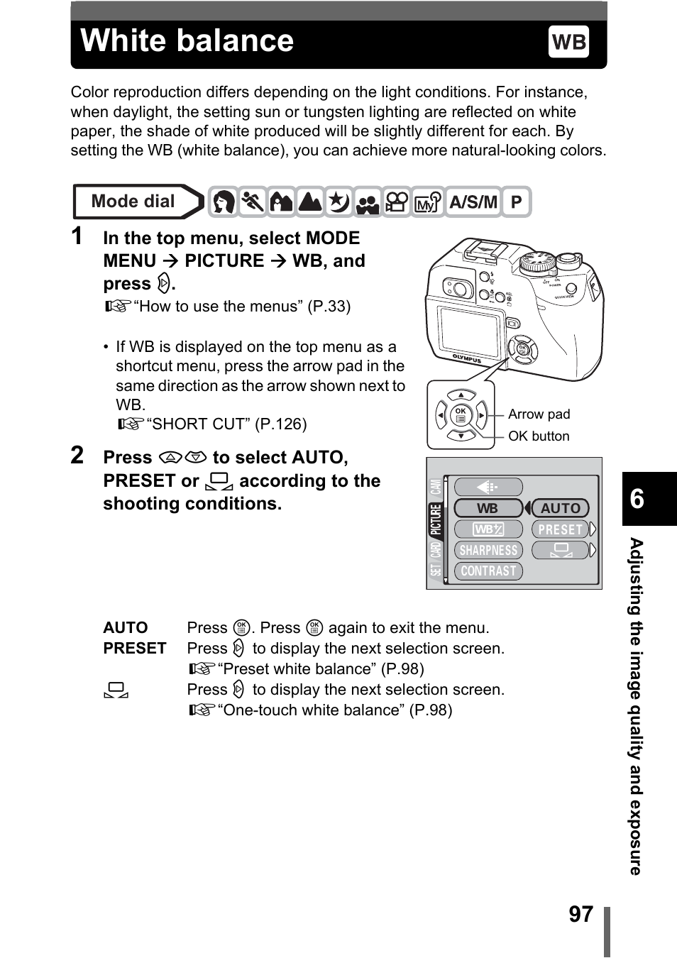 White balance, P.97 | Olympus C-5000 Zoom User Manual | Page 98 / 215