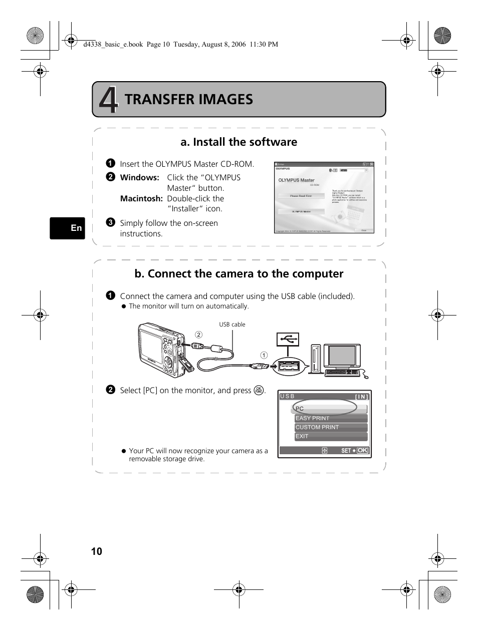 Step 4 transfer images, Transfer images, A. install the software | B. connect the camera to the computer | Olympus Stylus 725 SW User Manual | Page 10 / 84